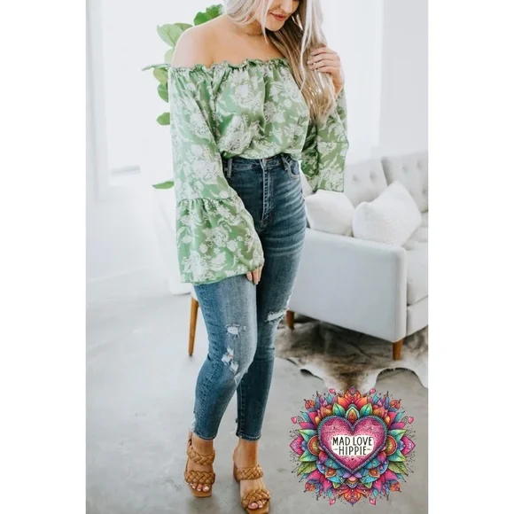 Peach Love Sage Green Satin Large Floral Print Off Shoulder Bubble Top - Picture 4 of 7